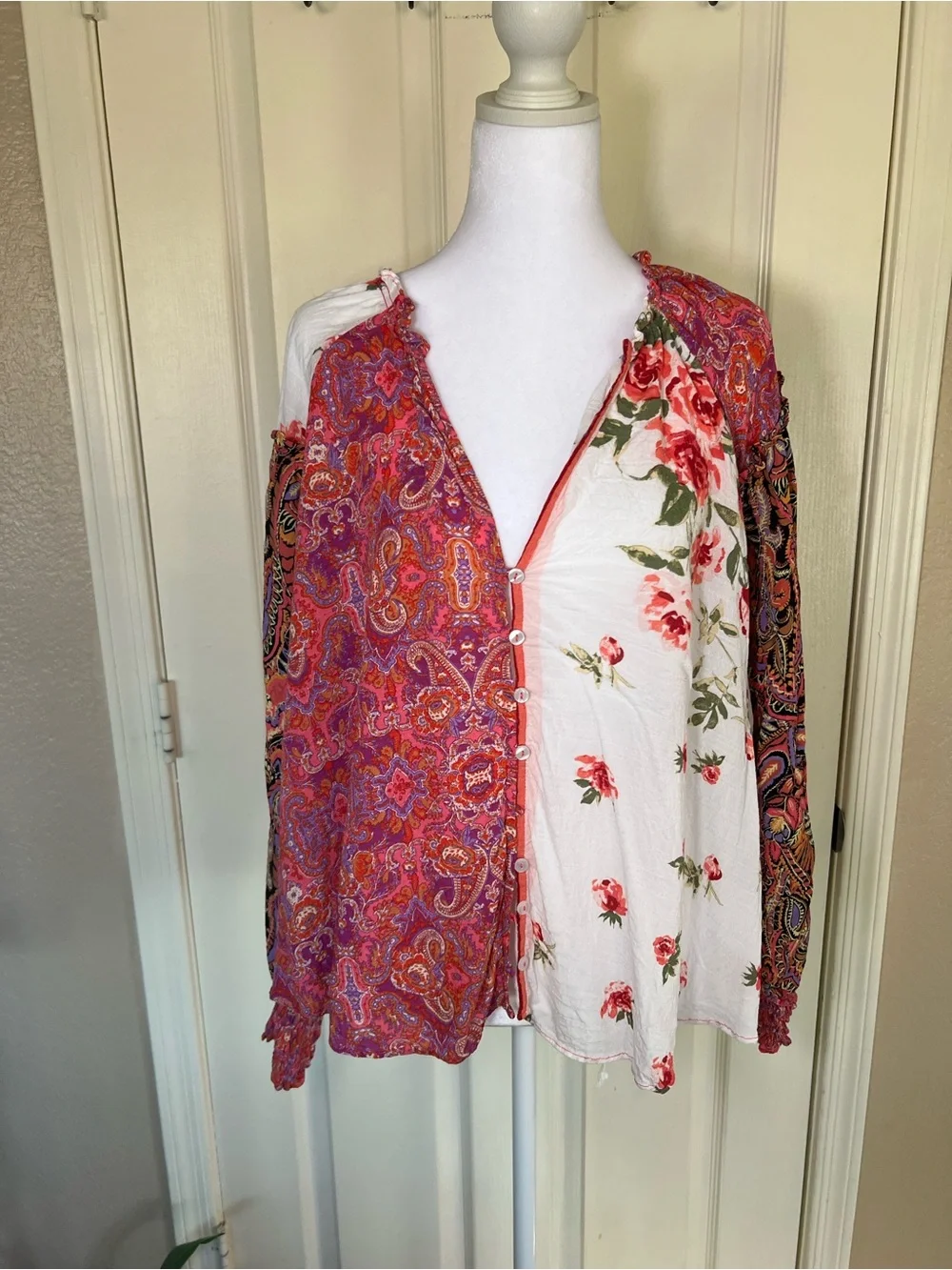 Free People Gemini Patchwork Floral Paisley Blouse Pink Boho Size L